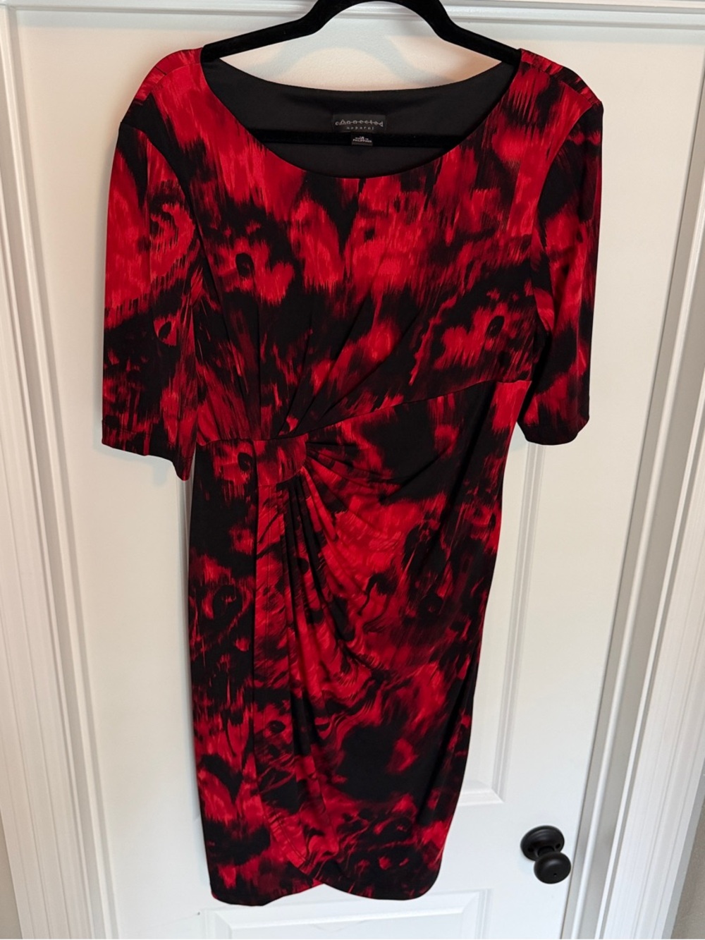 Connected Apparel Stretch Red and Black Twist-Front Midi Dress
